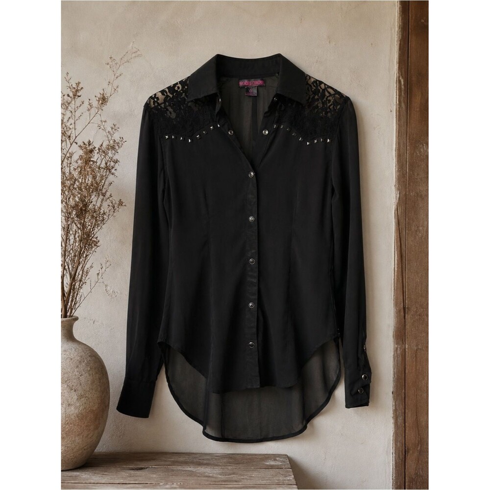 Rock & Roll CowGirl Black Sheer Lace Button Down‎ Fitted Top Size Small